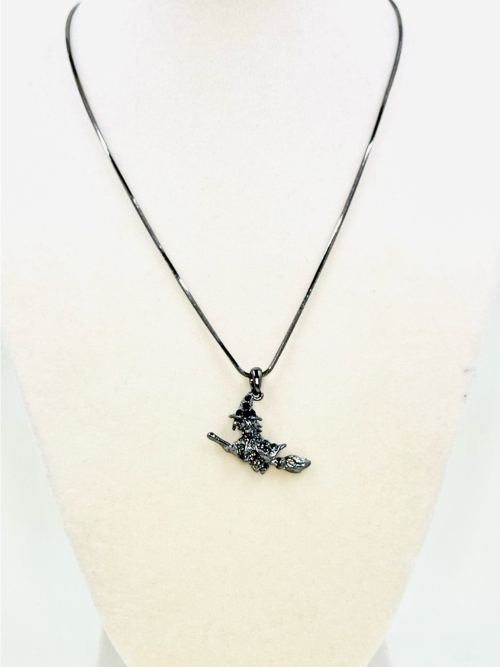 Silver Tone Flying Witch on Broom W/Sparkling Rhinestones Pendant Necklace